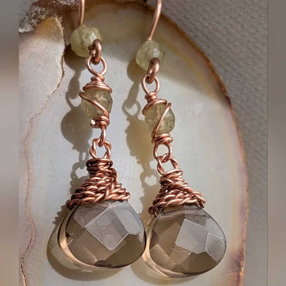 Smokey Quartz Earrings Green Garnet Accents Dangle Drop Artisan Handmade - Picture 10 of 12